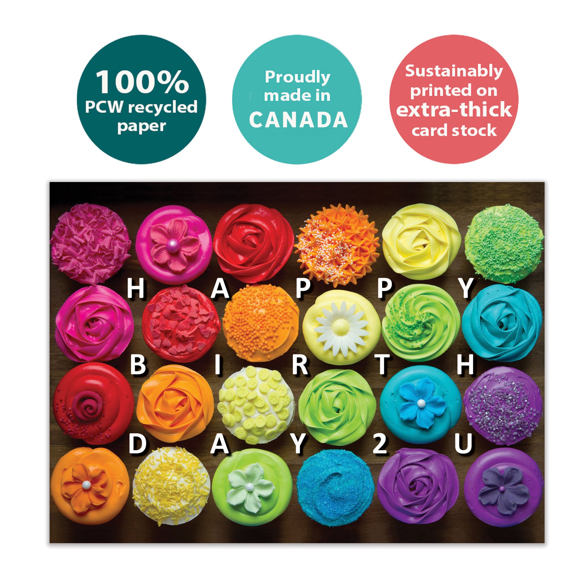 Front view of a Birthday greeting card with the message "Happy Birthday 2 U" and colourful cupcakes on a black background, highlighting its eco-friendly materials and made in Canada.