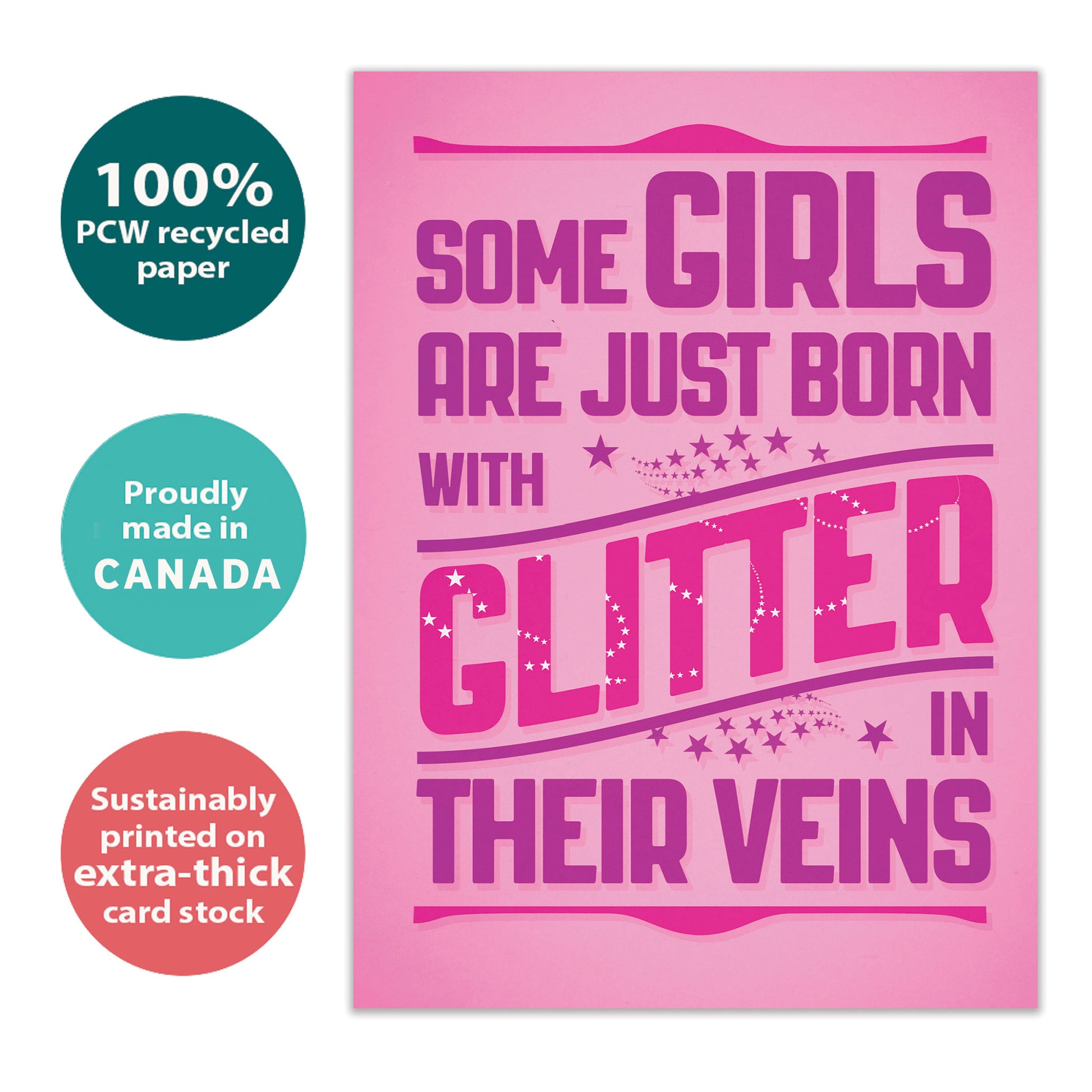 Front view of a Birthday greeting card with a cheerful message about girls born with glitter on a pink background, highlighting its eco-friendly materials and made in Canada.