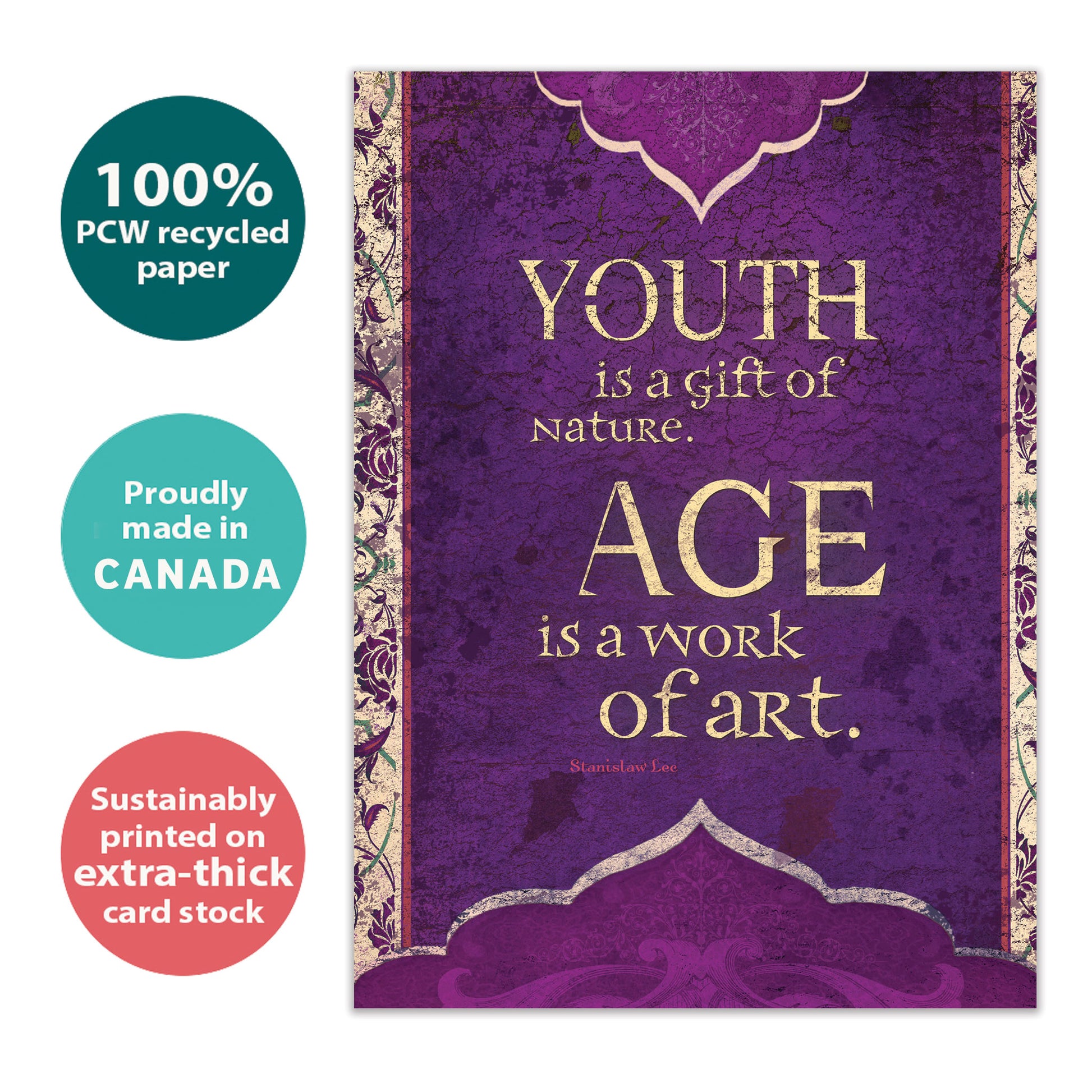 Front view of a Birthday greeting card with a message about age and art on a purple artistic background, highlighting its eco-friendly materials and made in Canada.