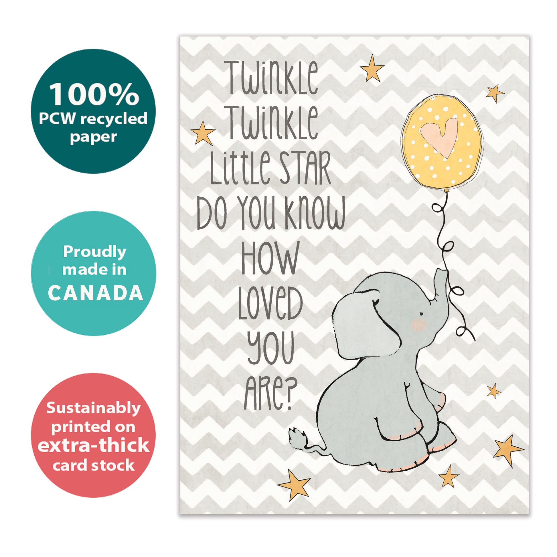 Front view of a Birthday greeting card with a baby elephant holding a balloon and a lovely message, highlighting its eco-friendly materials and made in Canada.