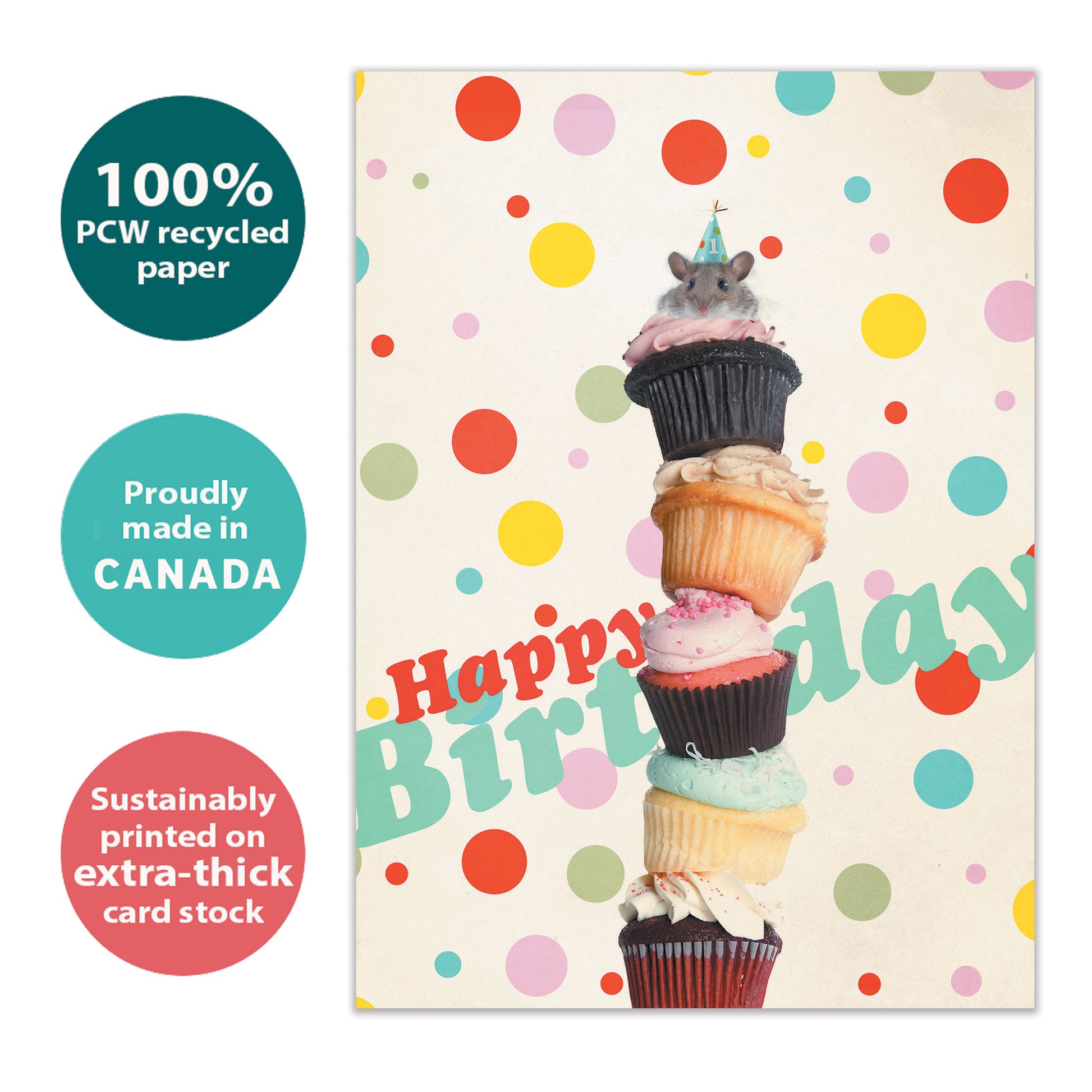 Front view of a Birthday greeting card with an illustration of stacked cupcakes and a mouse on top, highlighting its eco-friendly materials and made in Canada.