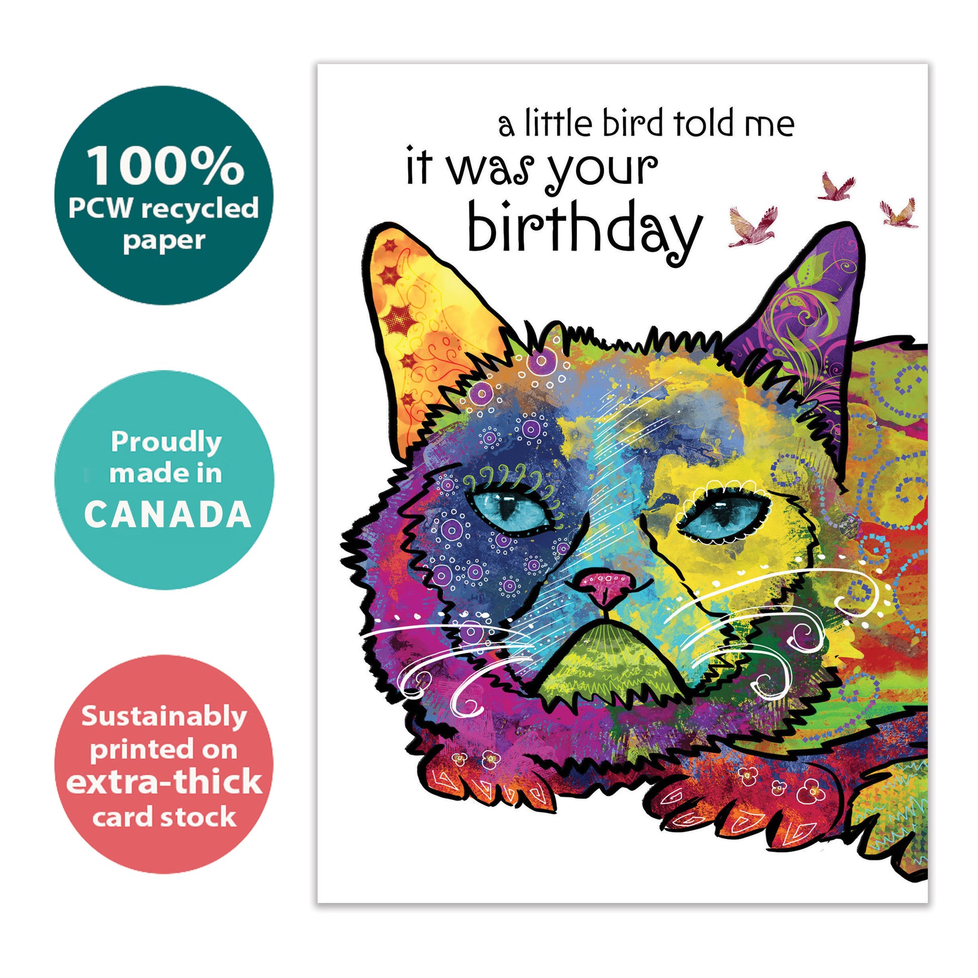 Front view of a Birthday greeting card with a colourful cat illustration and a birthday message, highlighting its eco-friendly materials and made in Canada.