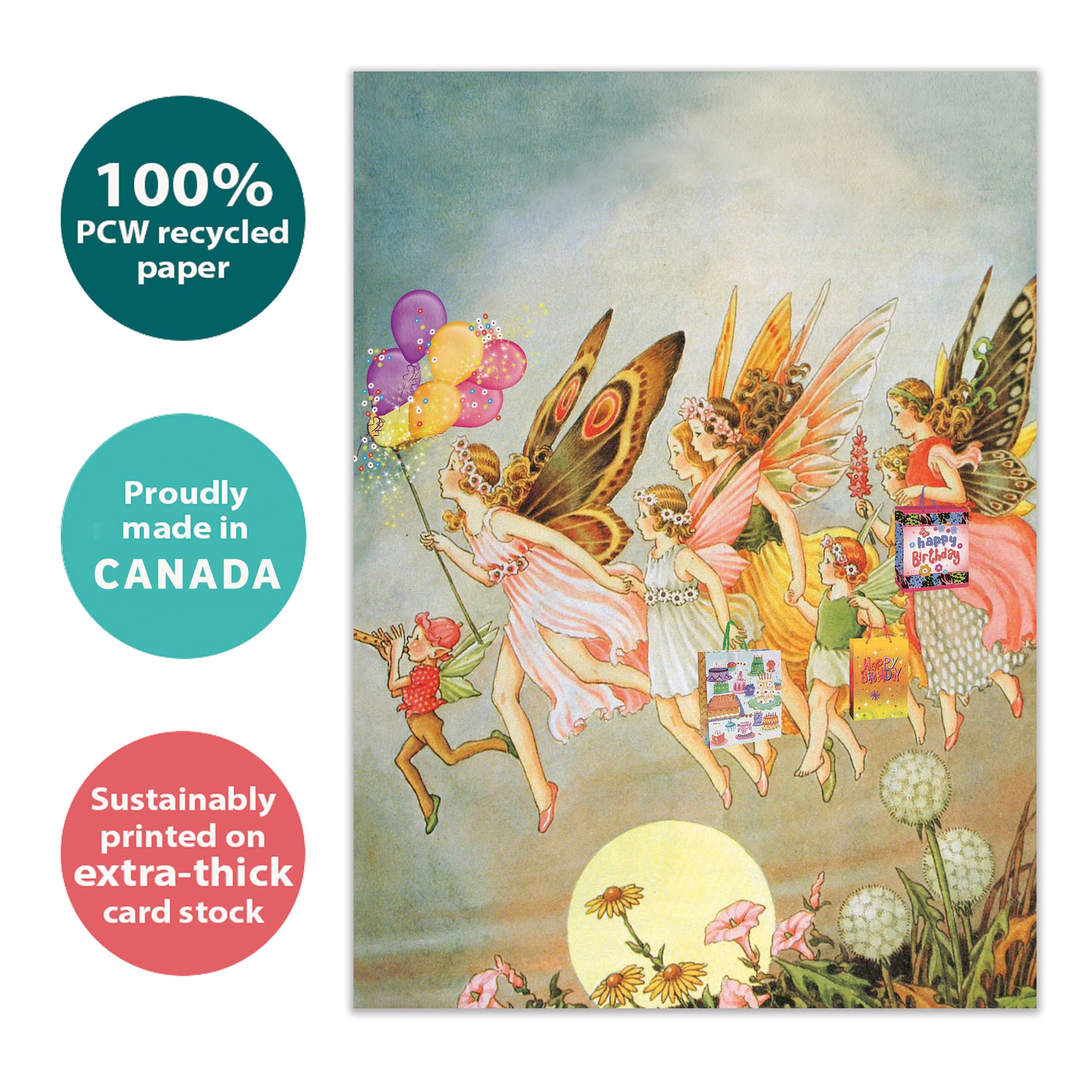 Front view of a Birthday greeting card with an illustration of fairies flying, highlighting its eco-friendly materials and made in Canada.