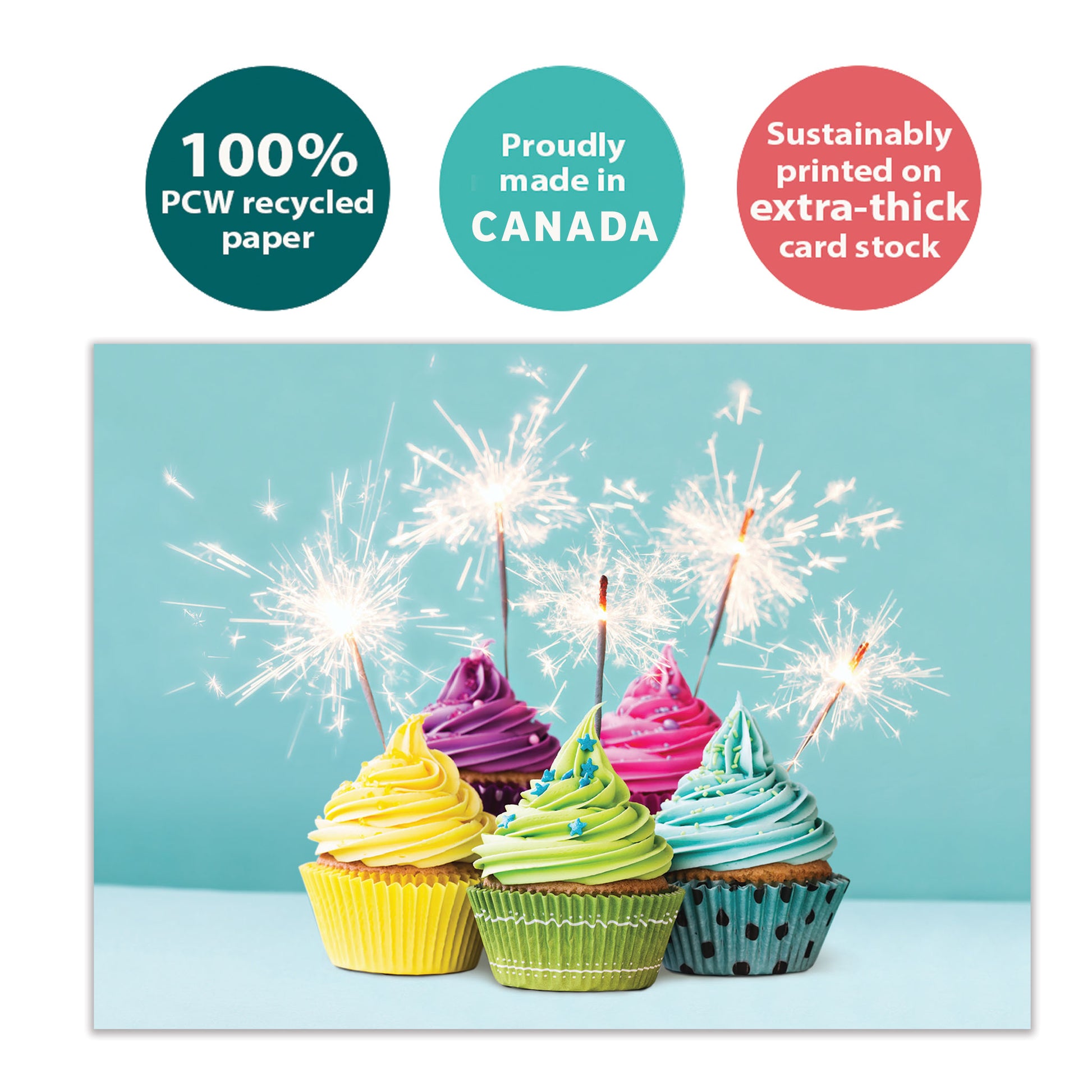 Front view of a Birthday greeting card with an image of cupcakes with lit sparkles, highlighting its eco-friendly materials and made in Canada.