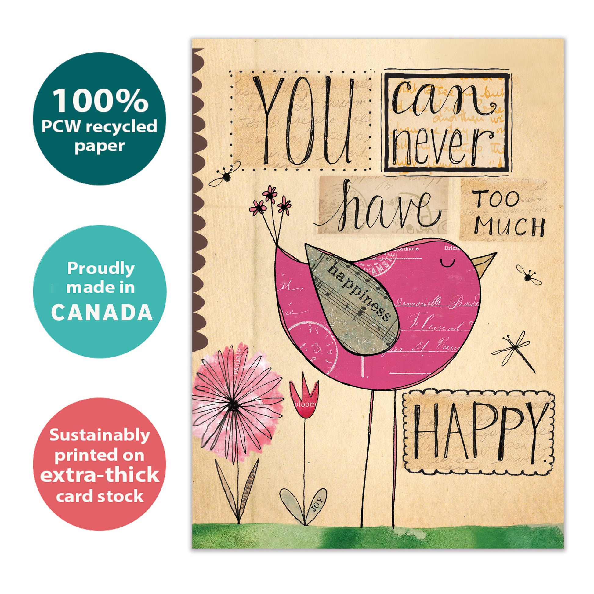 Front view of a Birthday greeting card with a happy bird and a cheerful message, highlighting its eco-friendly materials and made in Canada.