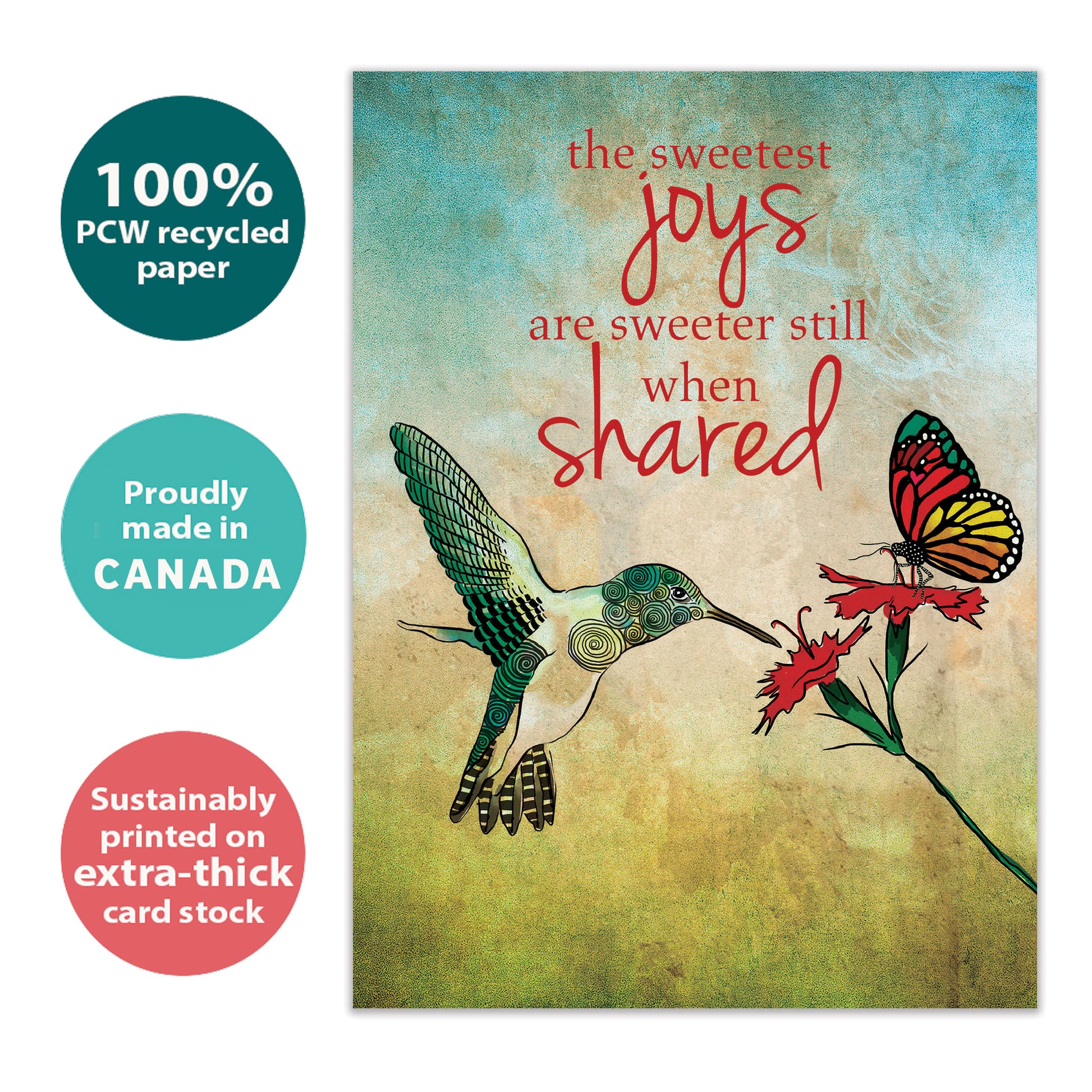 Front view of a Birthday greeting card with a bird, flower, and butterfly illustration and a nice message, highlighting its eco-friendly materials and made in Canada.