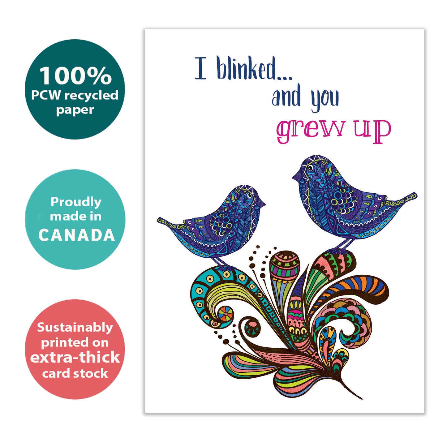 Front view of a Birthday greeting card with artistic birds and the message "I blinked…and you grew up," highlighting its eco-friendly materials and made in Canada.