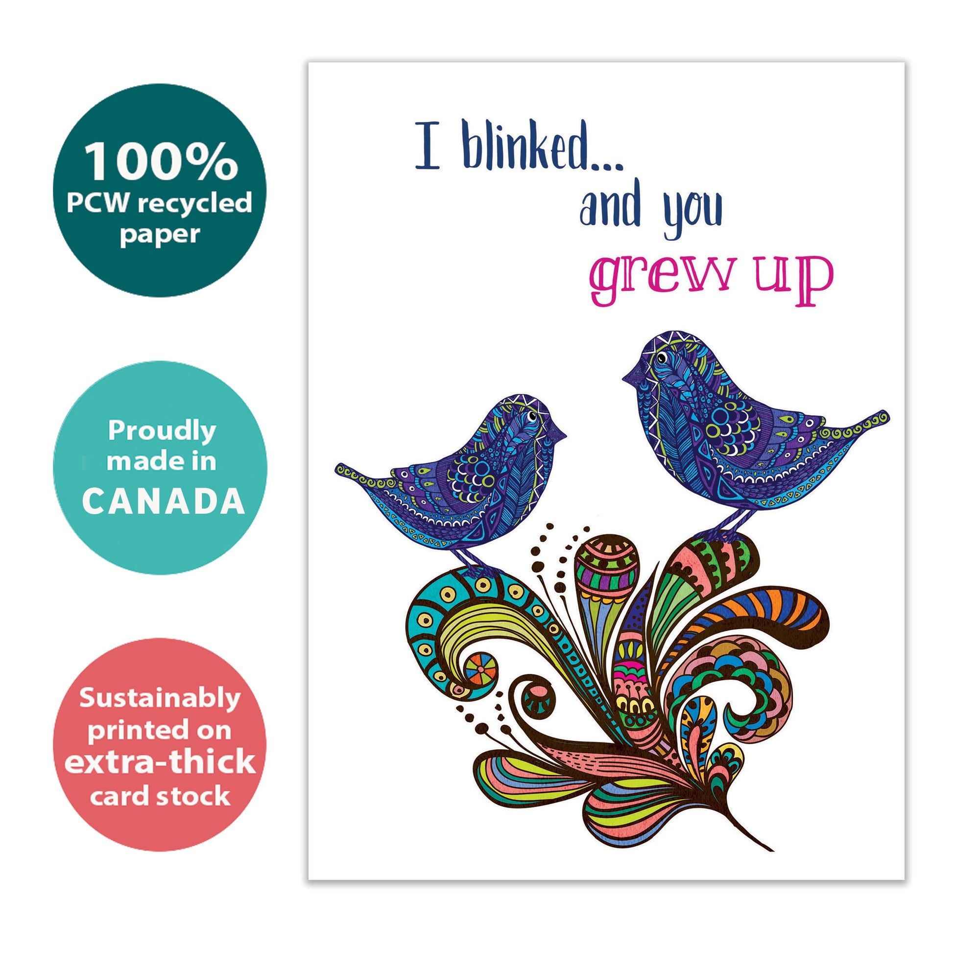 Front view of a Birthday greeting card with artistic birds and the message "I blinked…and you grew up," highlighting its eco-friendly materials and made in Canada.