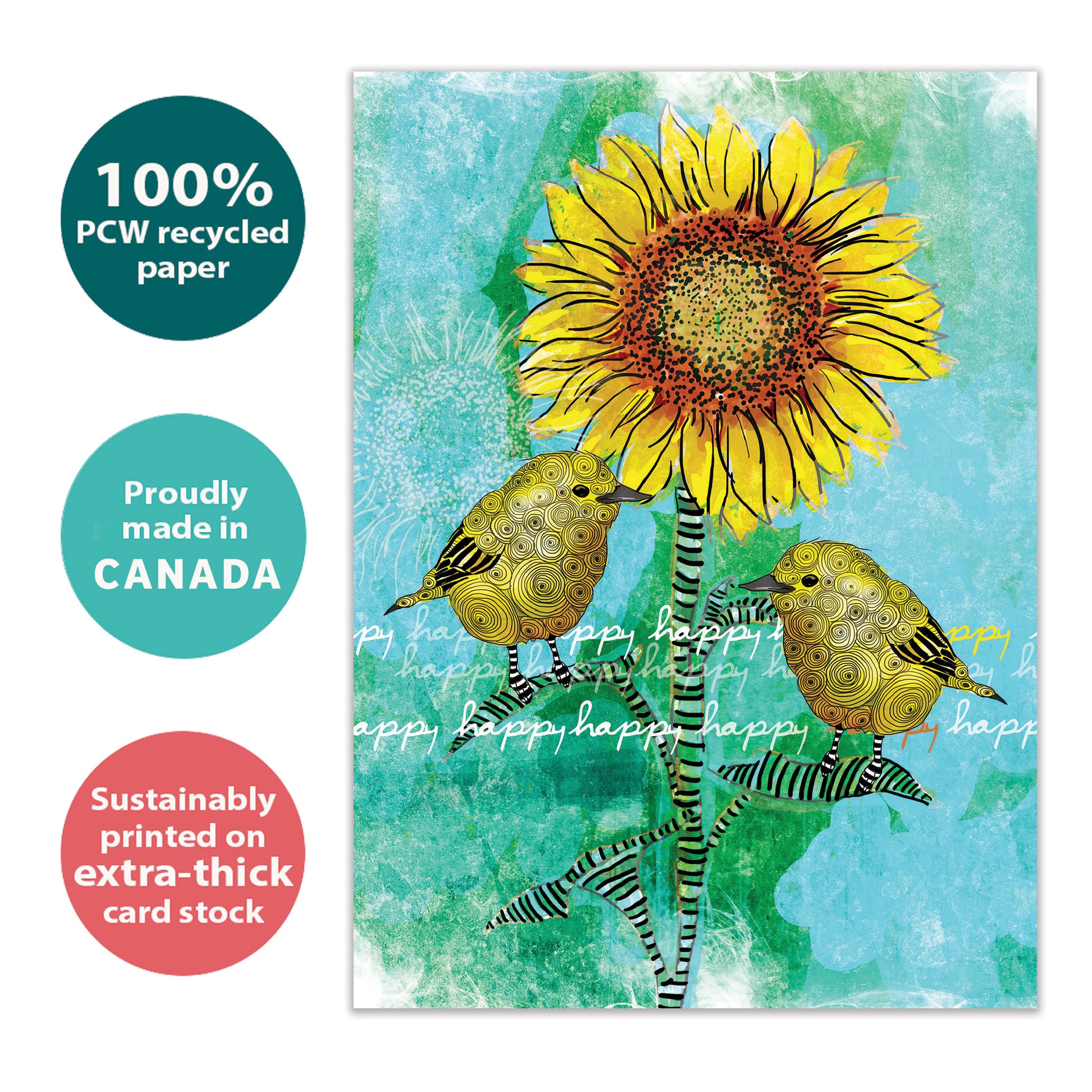 Front view of a Birthday greeting card with two birds on a sunflower, highlighting its eco-friendly materials and made in Canada.