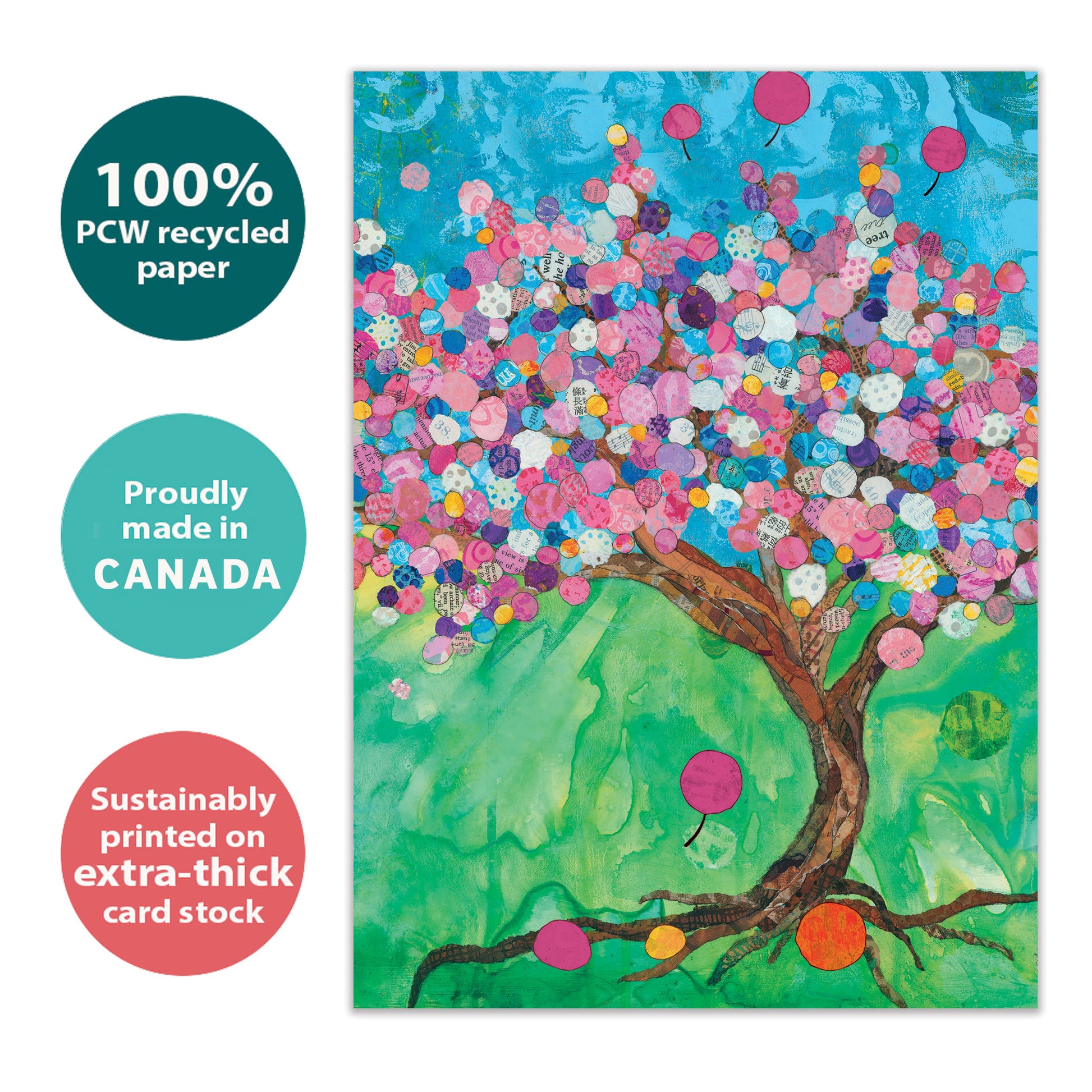 Front view of a Birthday greeting card with a tree of balloons, highlighting its eco-friendly materials and made in Canada.