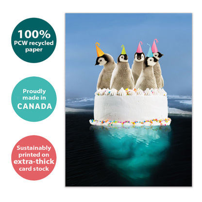 Front view of a Birthday greeting card with penguins on a cake, highlighting its eco-friendly materials and made in Canada.
