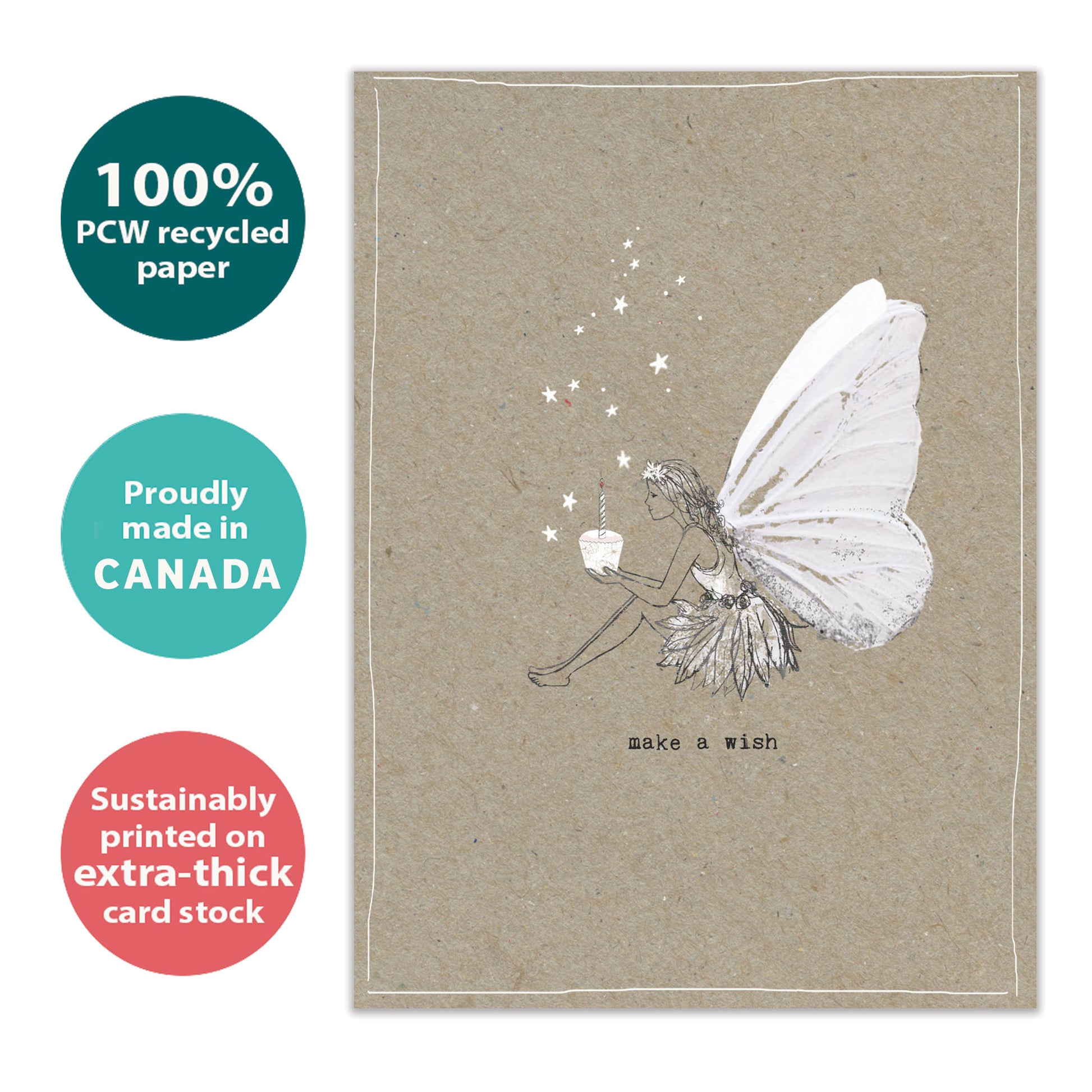 Front view of a Birthday greeting card with a dainty fairy holding a cupcake and the message "make a wish," highlighting its eco-friendly materials and made in Canada.