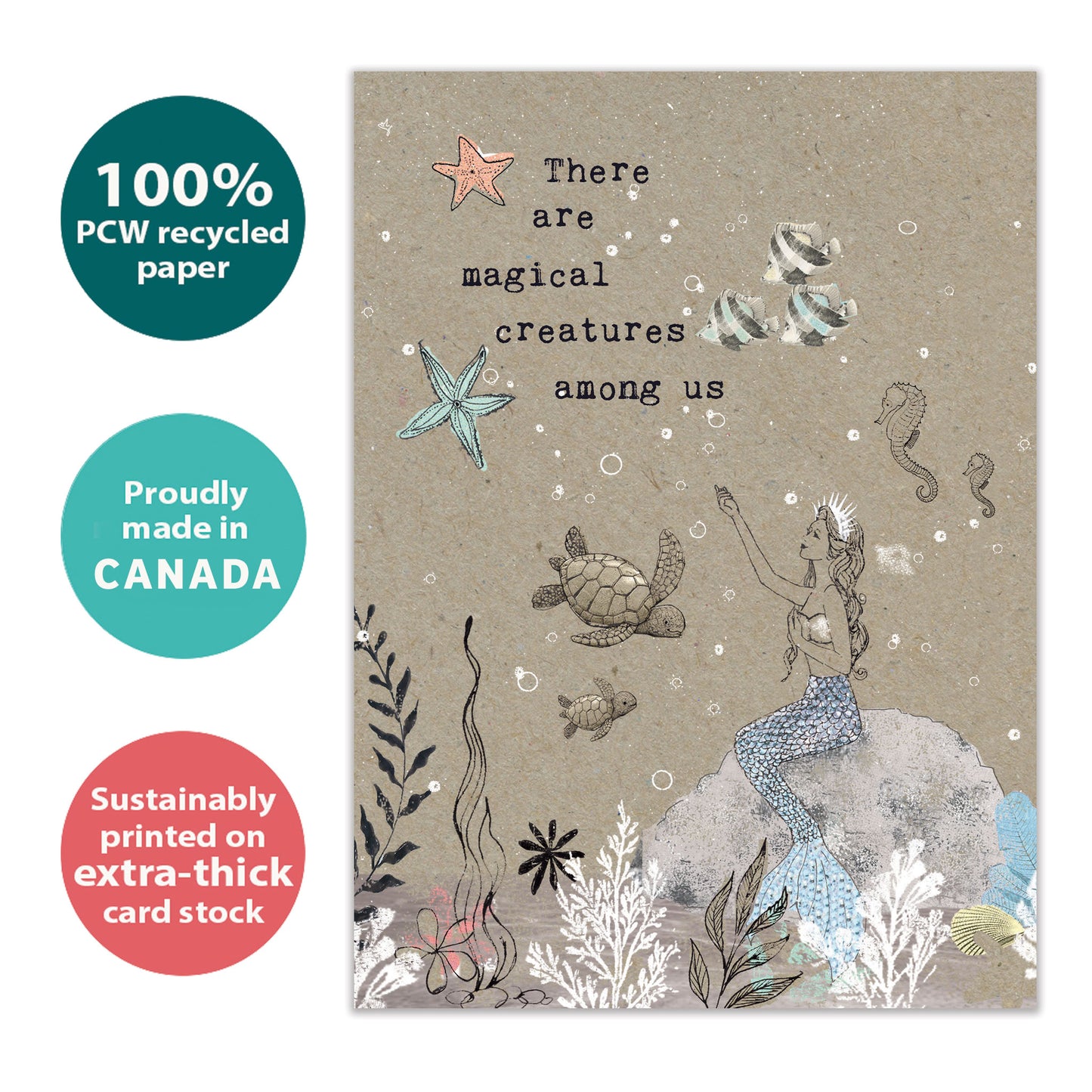 Front view of a Birthday greeting card with a mermaid and sea creatures in a magical setting, highlighting its eco-friendly materials and made in Canada.