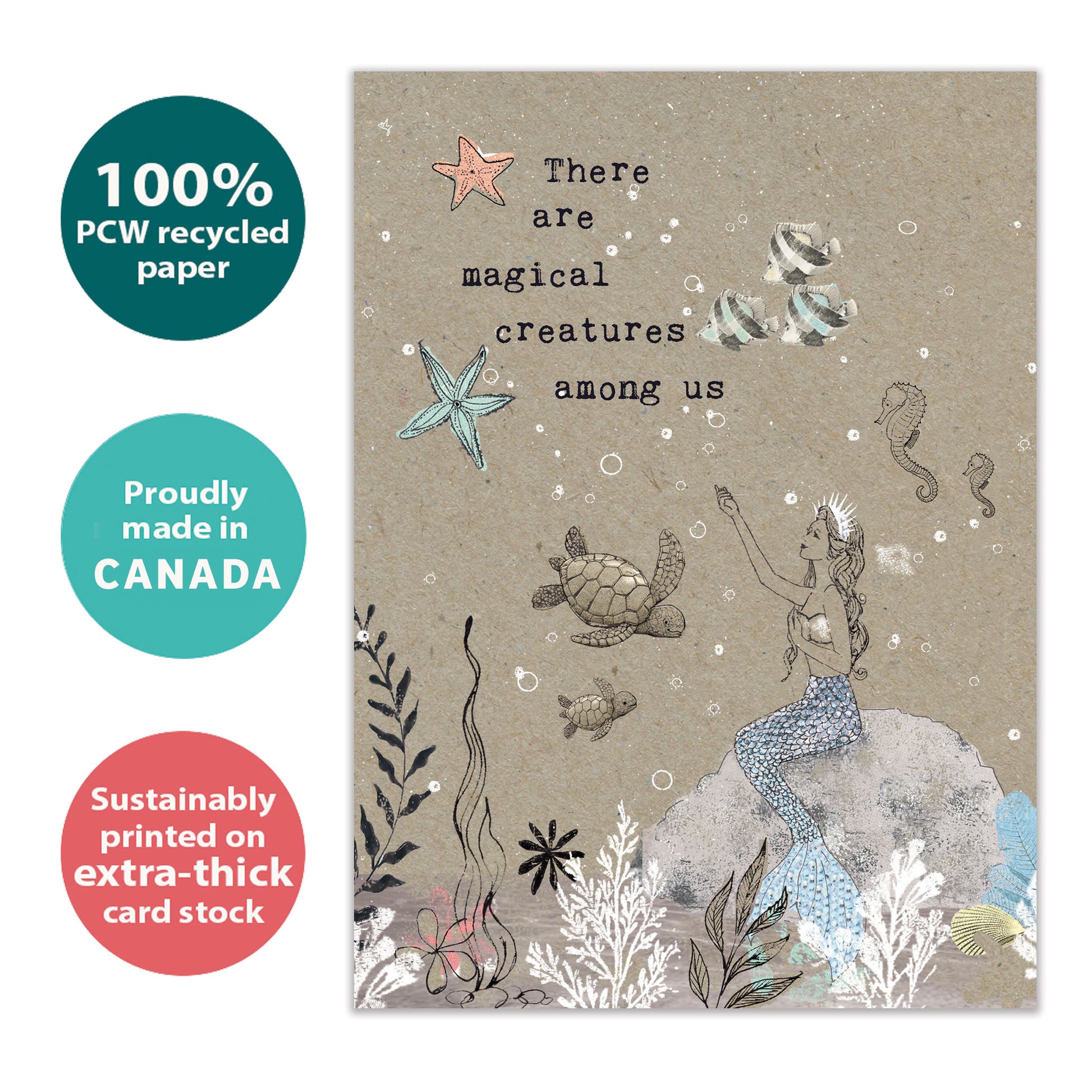 Front view of a Birthday greeting card with a mermaid and sea creatures in a magical setting, highlighting its eco-friendly materials and made in Canada.