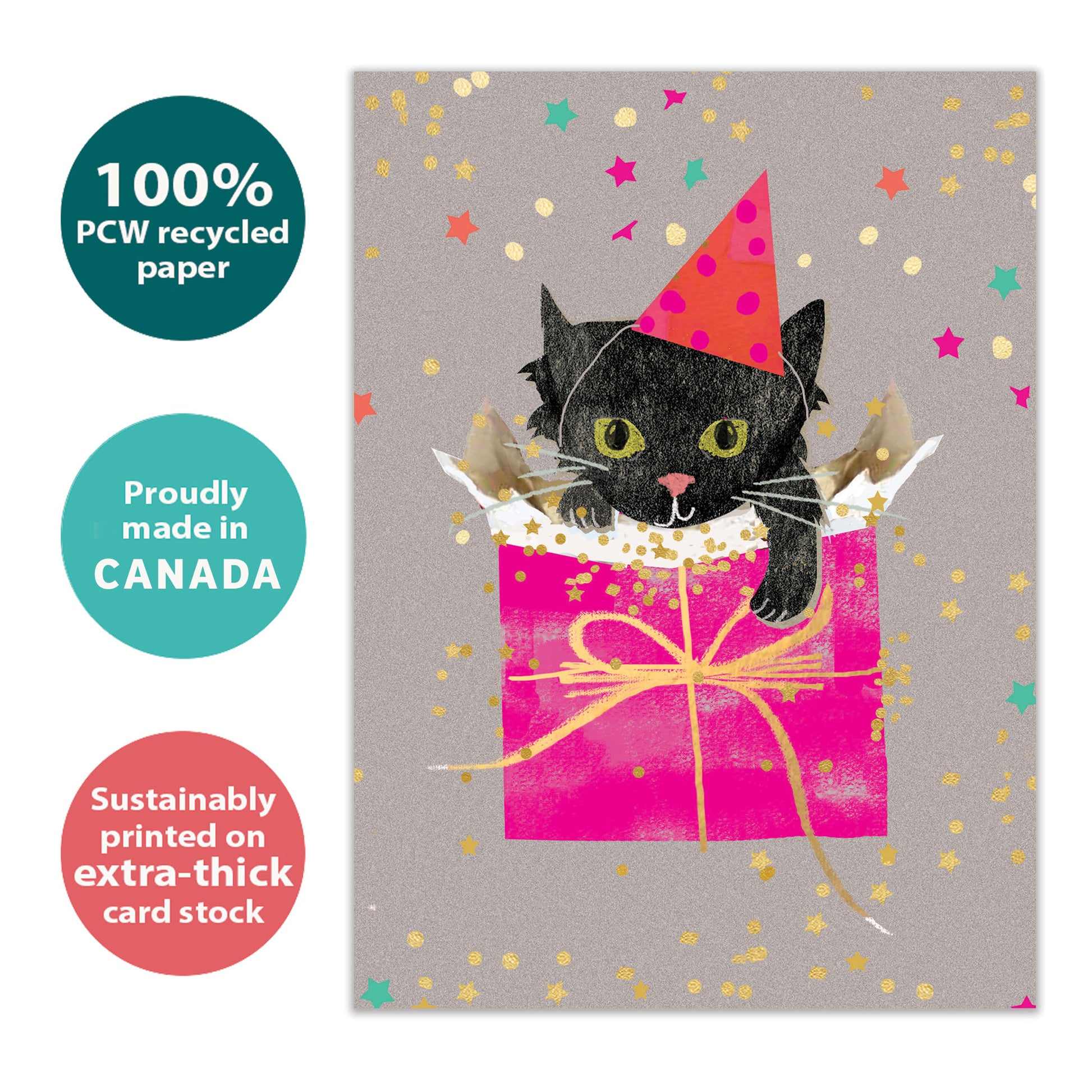 Front view of a Birthday greeting card featuring a kitten in a gift bag with a birthday hat, highlighting its eco-friendly materials and made in Canada.