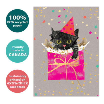 Front view of a Birthday greeting card featuring a kitten in a gift bag with a birthday hat, highlighting its eco-friendly materials and made in Canada.