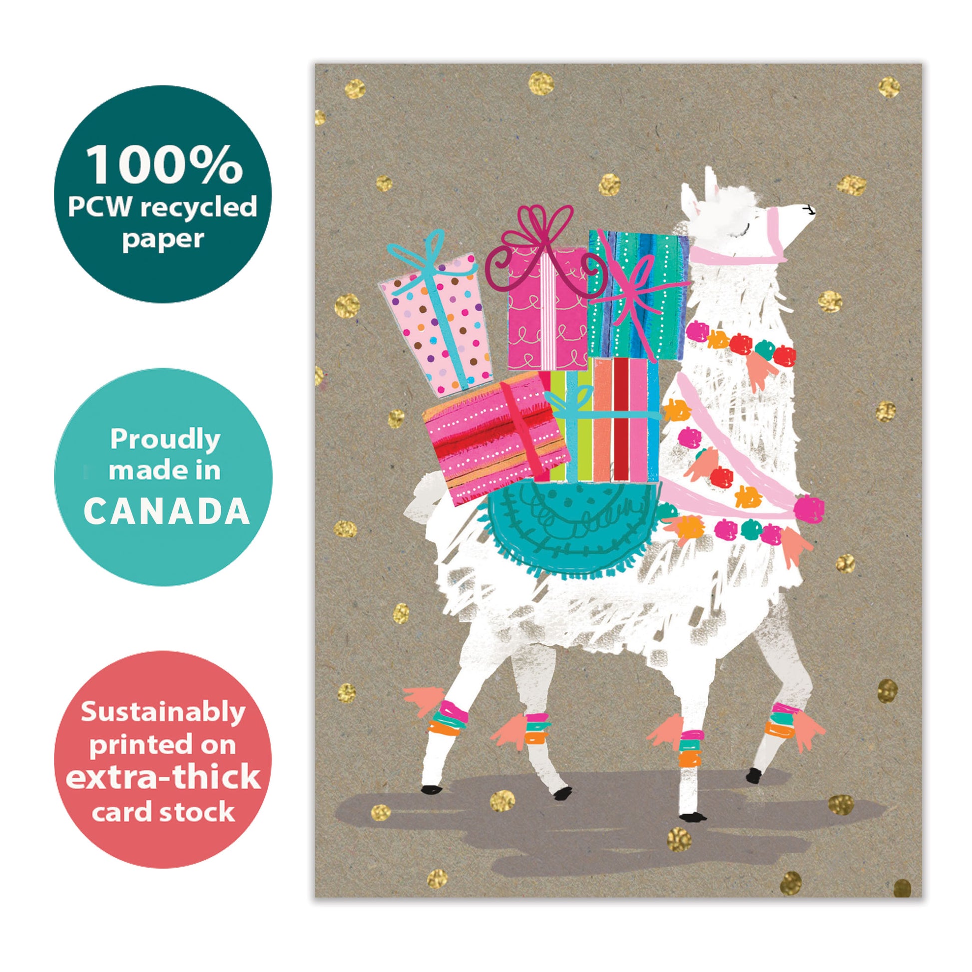Front view of a Birthday greeting card with a llama carrying birthday presents on its back, highlighting its eco-friendly materials and made in Canada.