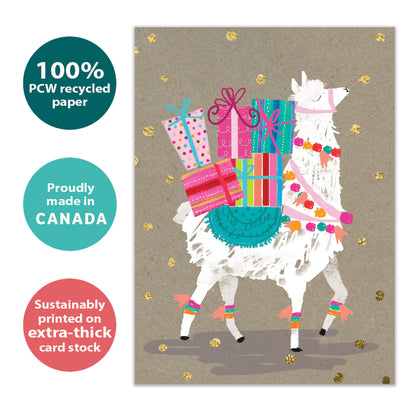 Front view of a Birthday greeting card with a llama carrying birthday presents on its back, highlighting its eco-friendly materials and made in Canada.