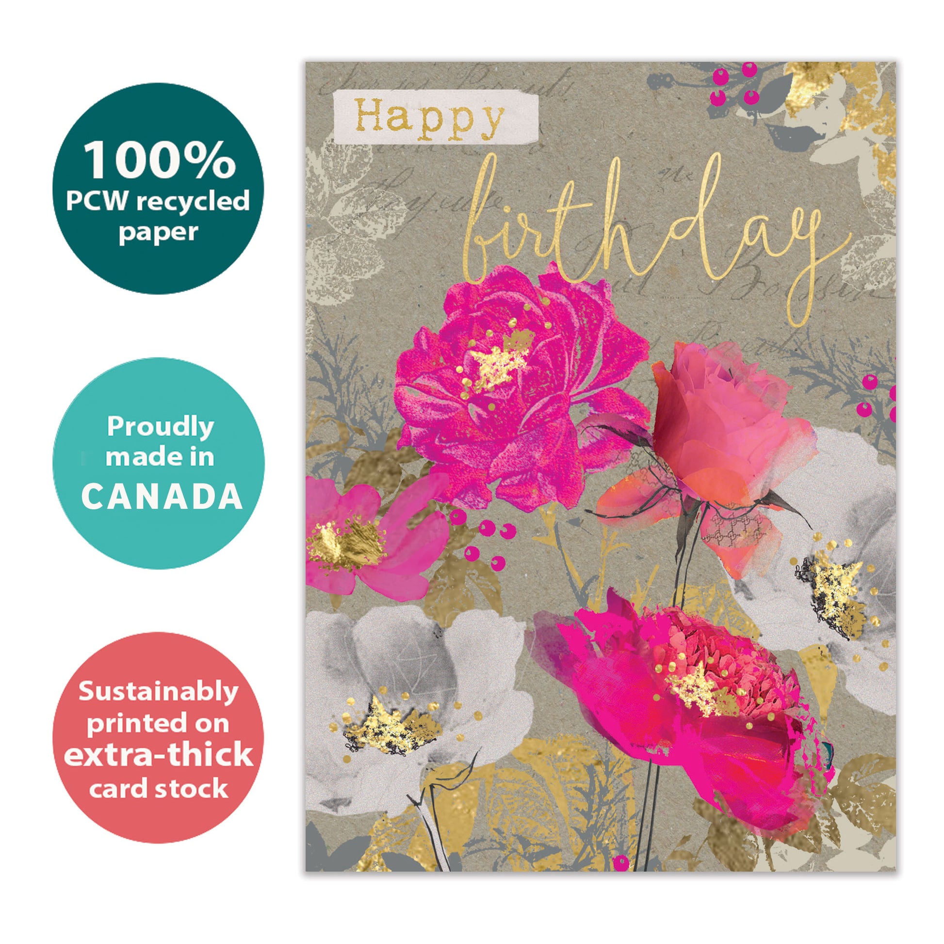 Front view of a Birthday greeting card with a floral design and the message "Happy Birthday," highlighting its eco-friendly materials and made in Canada.