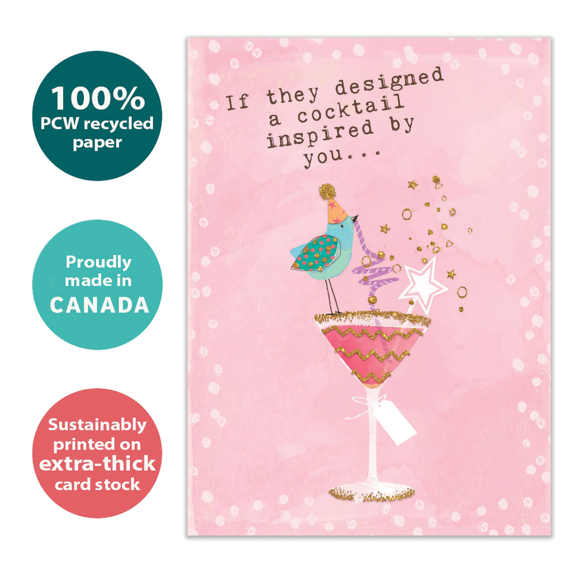 Front view of a Birthday greeting card with a bird sipping on a cocktail with a pink background, highlighting its eco-friendly materials and made in Canada