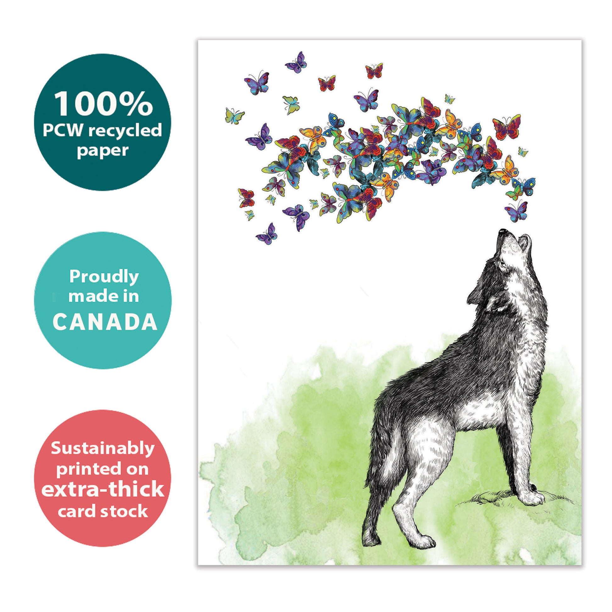 Front view of a Birthday greeting card with a wolf howling butterflies, highlighting its eco-friendly materials and made in Canada.