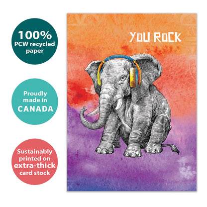 Front view of a Birthday greeting card featuring an elephant with headphones, highlighting its eco-friendly materials and made in Canada.