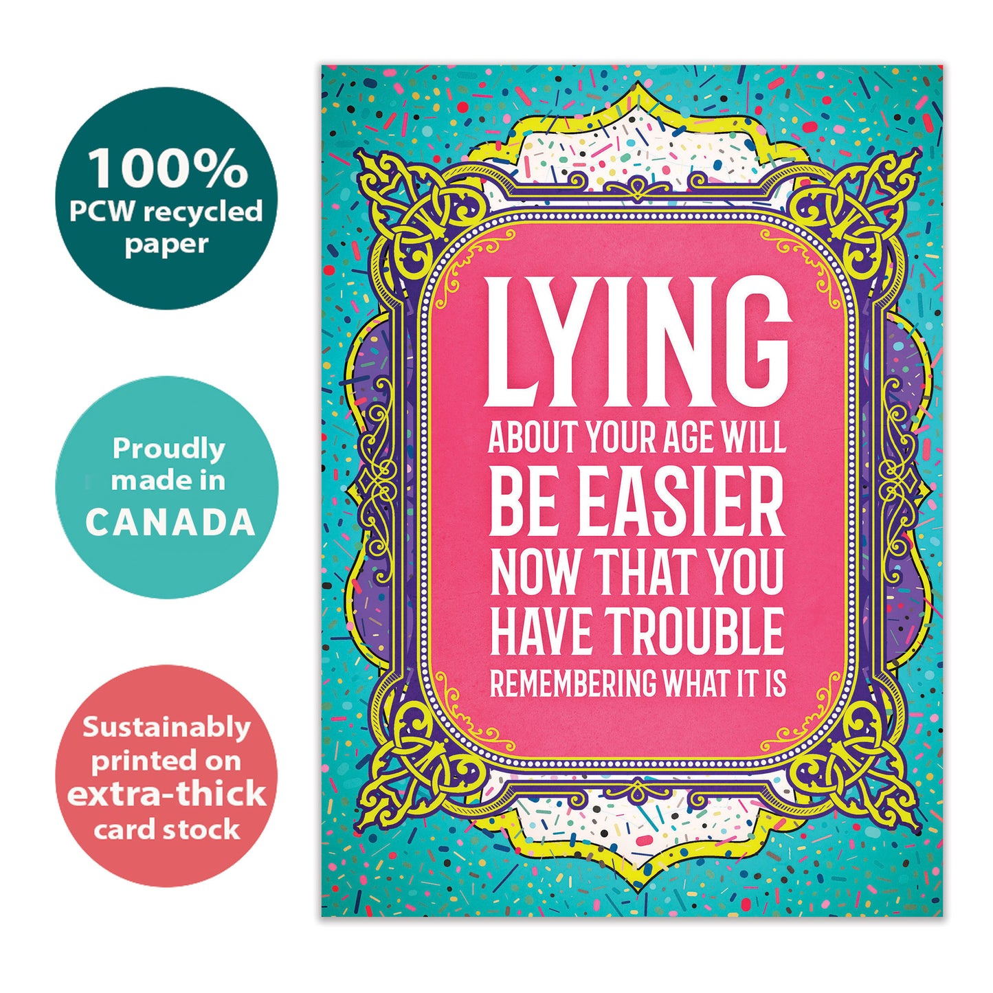 Front view of a Birthday greeting card with a funny message about lying about your age on a pink and teal background, highlighting its eco-friendly materials and made in Canada.