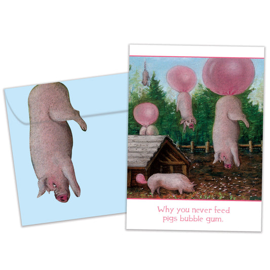 Front view of a Birthday greeting card and matching envelope featuring a funny illustration of pigs floating from eating bubble gum, with bubbles coming out.