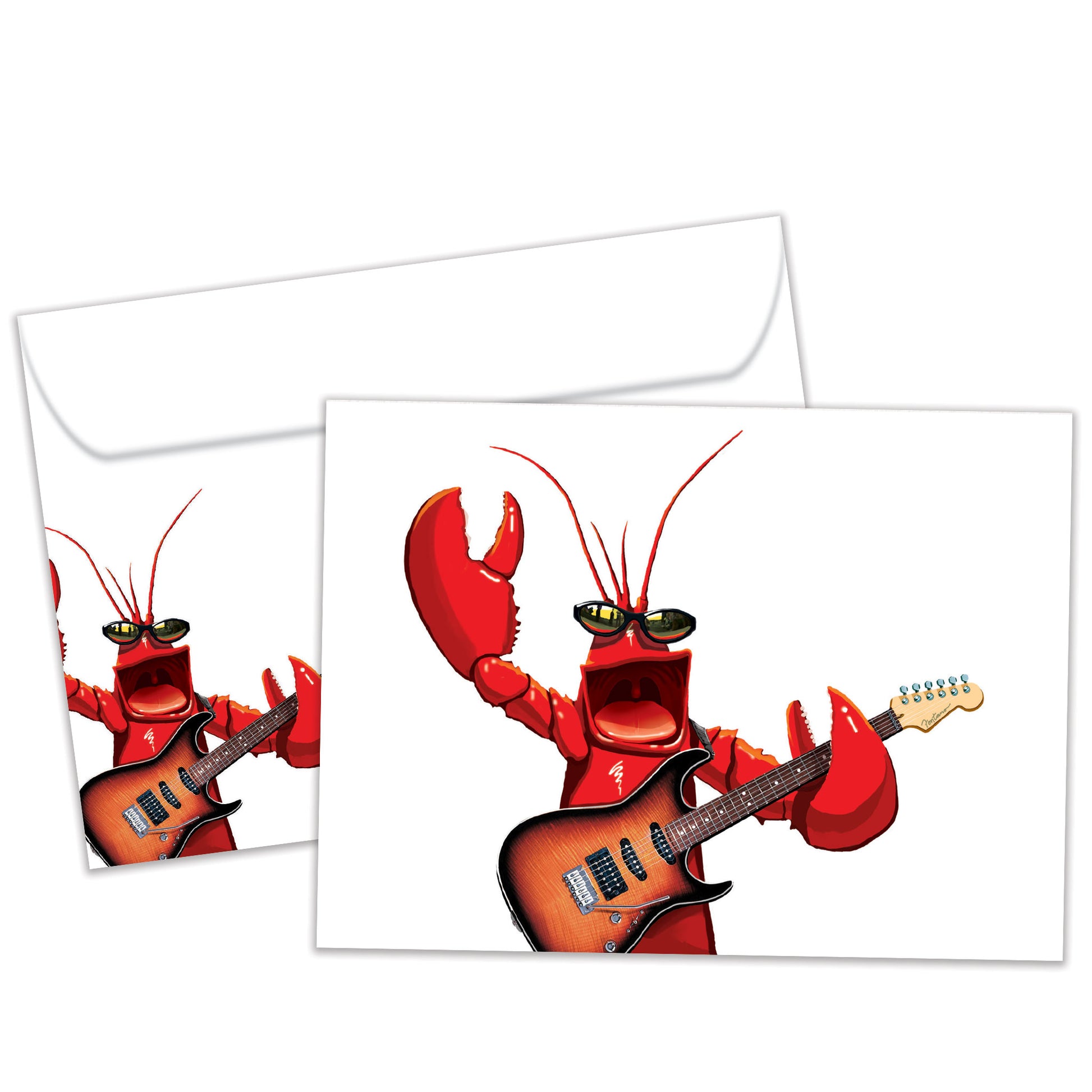 Front view of a Birthday greeting card and matching envelope featuring a fun illustration of a lobster playing a guitar.