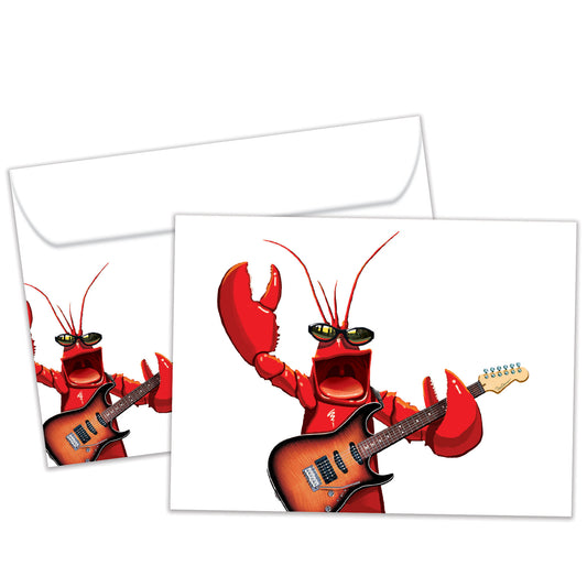 Front view of a Birthday greeting card and matching envelope featuring a fun illustration of a lobster playing a guitar.