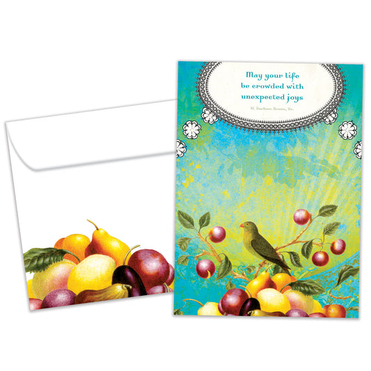 Front view of a Birthday greeting card and matching envelope featuring a joyful message with an illustration of a bird surrounded by vibrant fruit.