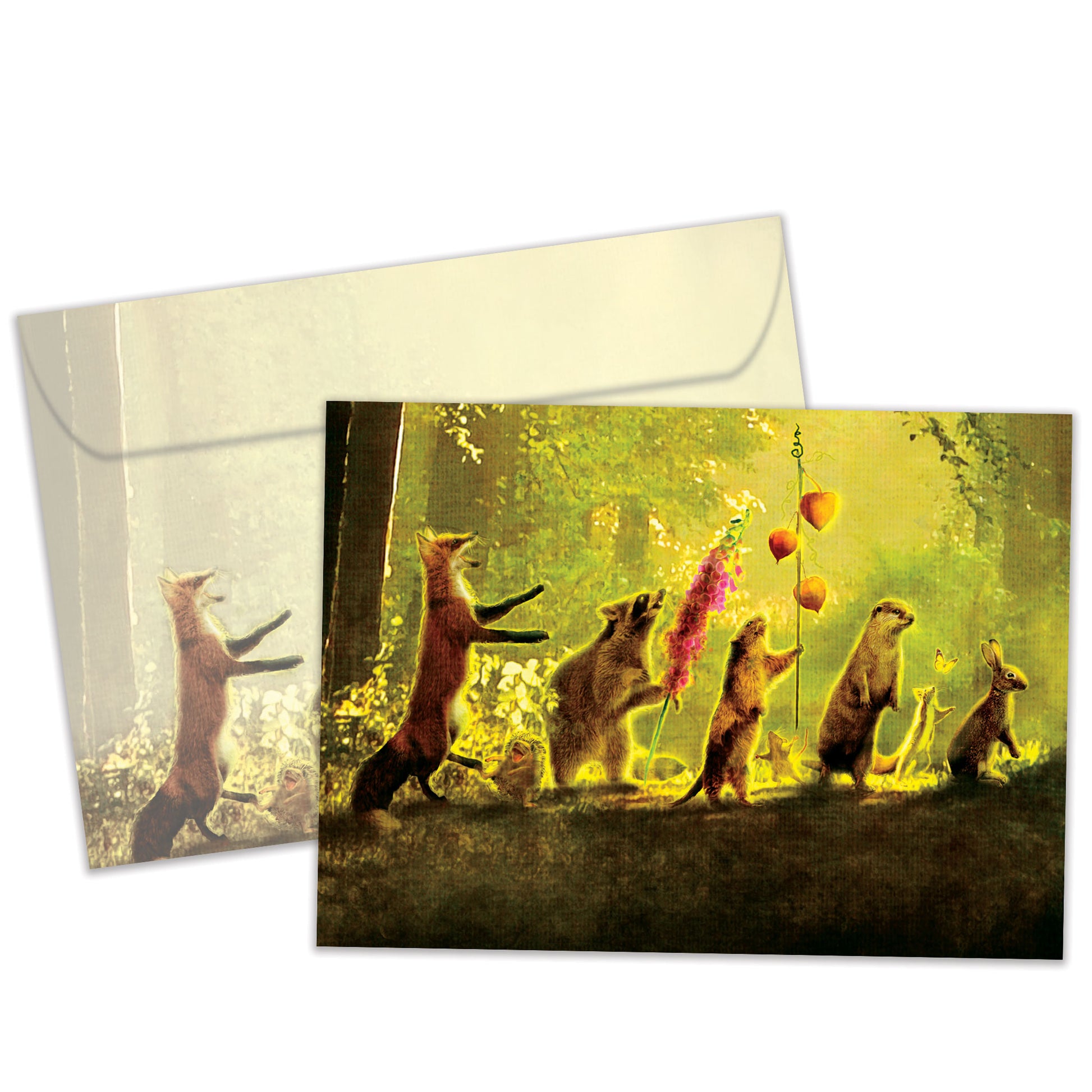 Front view of a Birthday greeting card and matching envelope featuring a joyful scene of forest animals participating in a parade.