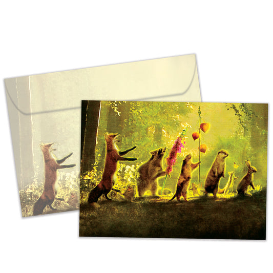Front view of a Birthday greeting card and matching envelope featuring a joyful scene of forest animals participating in a parade.