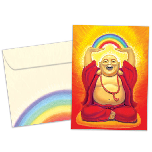 Front view of a Birthday greeting card and matching envelope featuring a joyful illustration of a laughing Buddha holding a rainbow.