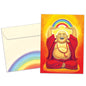 Front view of a Birthday greeting card and matching envelope featuring a joyful illustration of a laughing Buddha holding a rainbow.