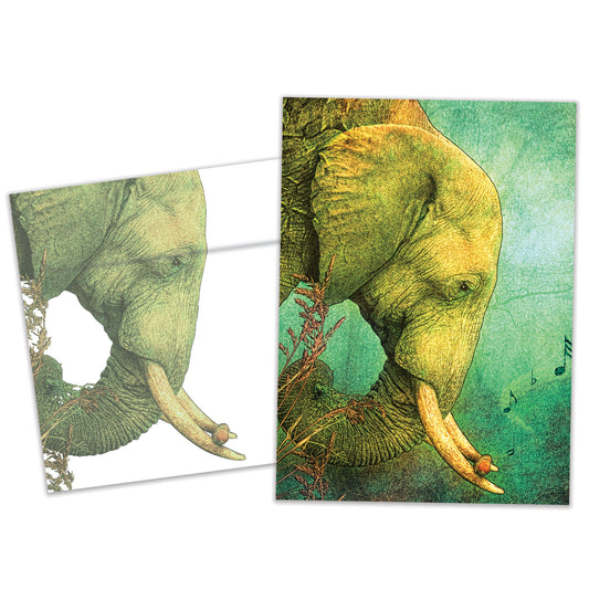 Front view of a Birthday greeting card and matching envelope featuring a cheerful illustration of an elephant with musical notes on a light green background.