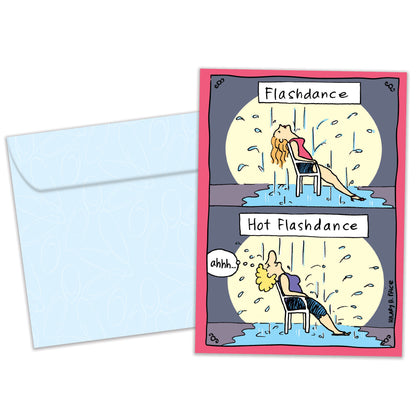 Front view of a Birthday greeting card and matching envelope featuring a cartoon illustration of a woman experiencing a hot flash under the rain with a message.