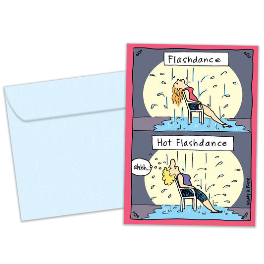 Front view of a Birthday greeting card and matching envelope featuring a cartoon illustration of a woman experiencing a hot flash under the rain with a message.