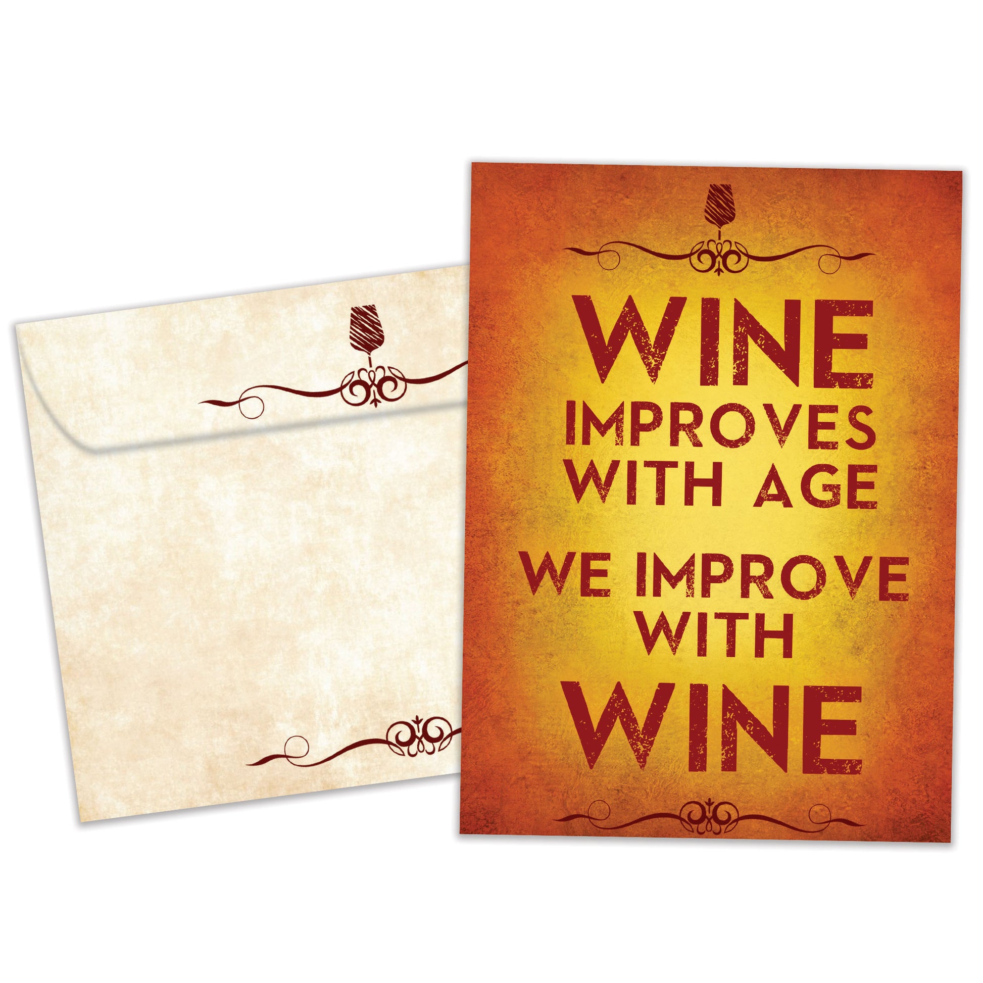 Front view of a Birthday greeting card and matching envelope featuring the message "Wine improves with age, we improve with wine."