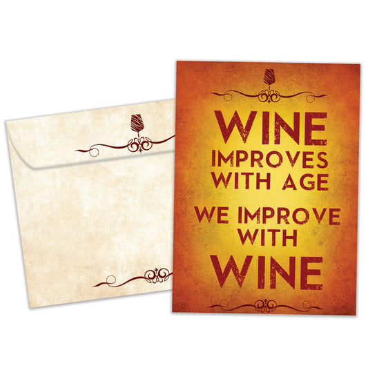 Front view of a Birthday greeting card and matching envelope featuring the message "Wine improves with age, we improve with wine."