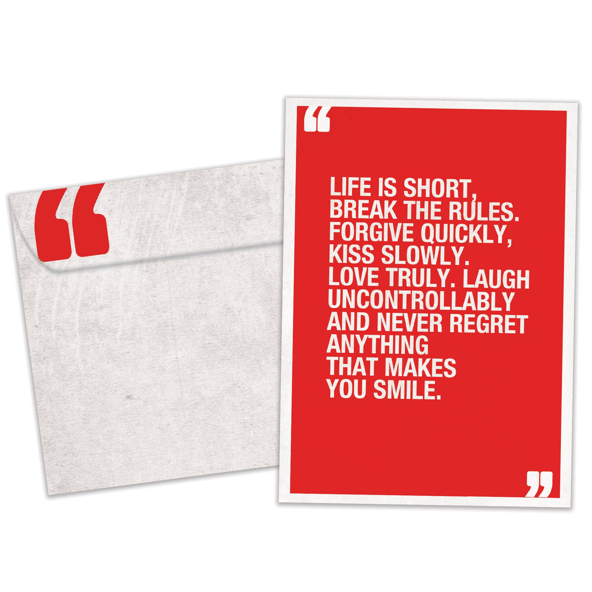 Front view of a Birthday greeting card and matching envelope featuring a red background with a quote from Mark Twain in white text.