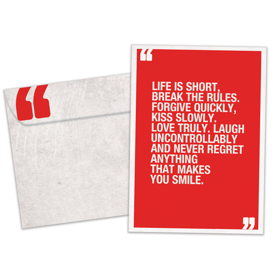 Front view of a Birthday greeting card and matching envelope featuring a red background with a quote from Mark Twain in white text.