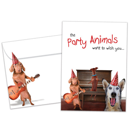 Front view of a Birthday greeting card and matching envelope featuring an illustration of dogs having a party and playing music.