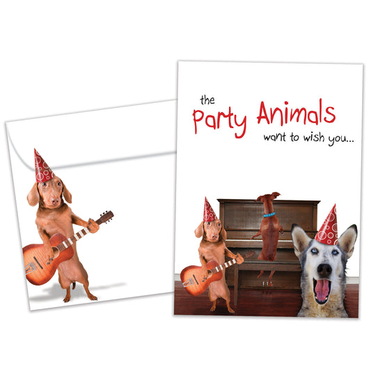 Front view of a Birthday greeting card and matching envelope featuring an illustration of dogs having a party and playing music.