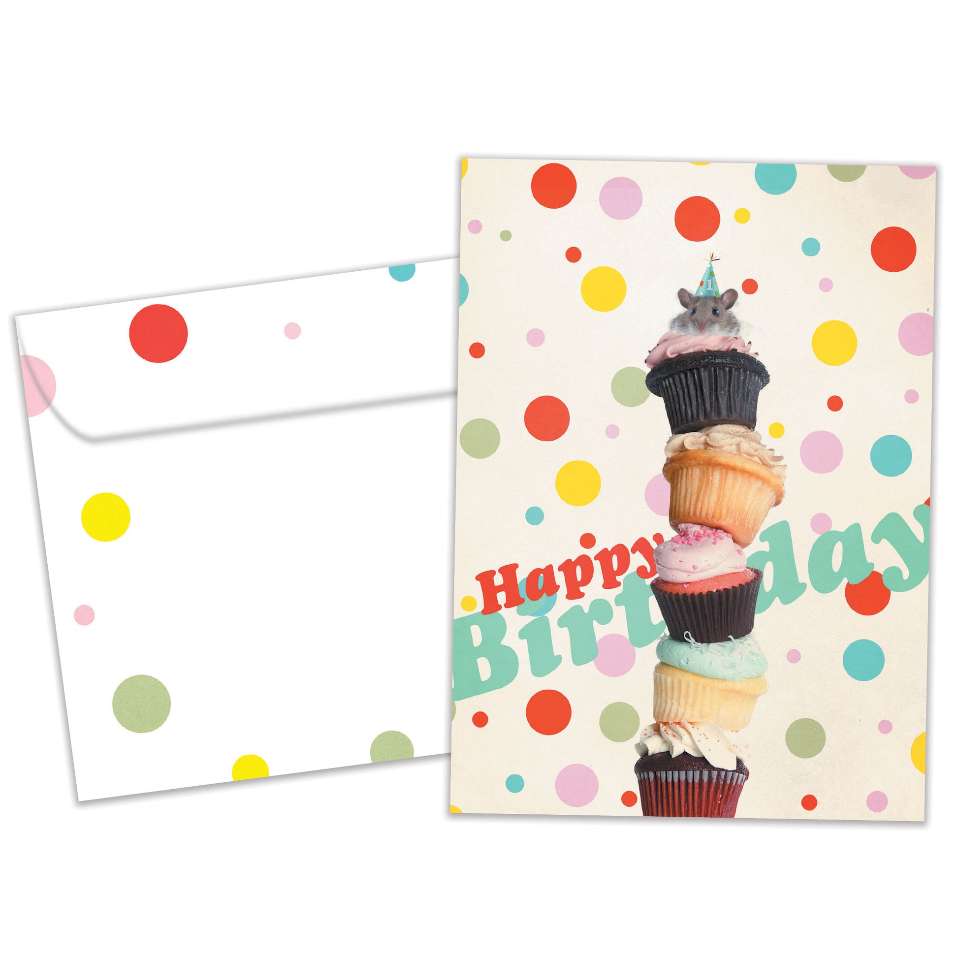 Front view of a Birthday greeting card and matching envelope featuring an illustration of stacked cupcakes with a mouse on top.