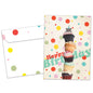 Front view of a Birthday greeting card and matching envelope featuring an illustration of stacked cupcakes with a mouse on top.