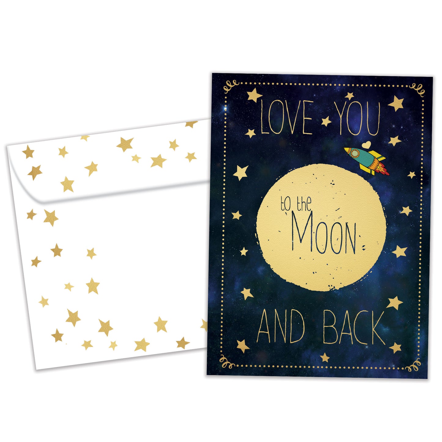 Front view of a Birthday greeting card and matching envelope featuring the message "Love you to the moon and back."