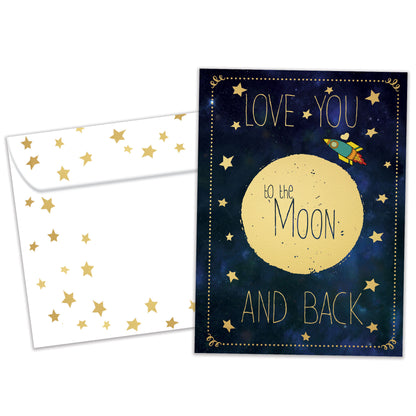 Front view of a Birthday greeting card and matching envelope featuring the message "Love you to the moon and back."