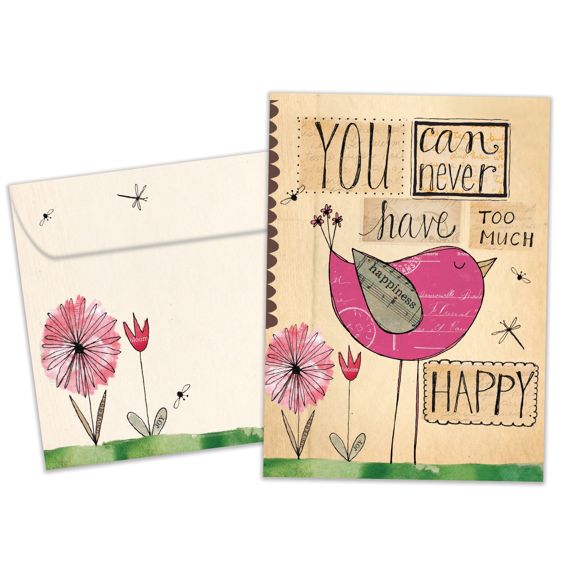 Front view of a Birthday greeting card and matching envelope featuring a happy bird and a cheerful message.