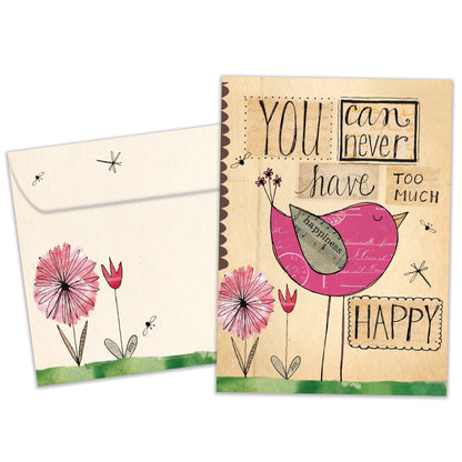 Front view of a Birthday greeting card and matching envelope featuring a happy bird and a cheerful message.